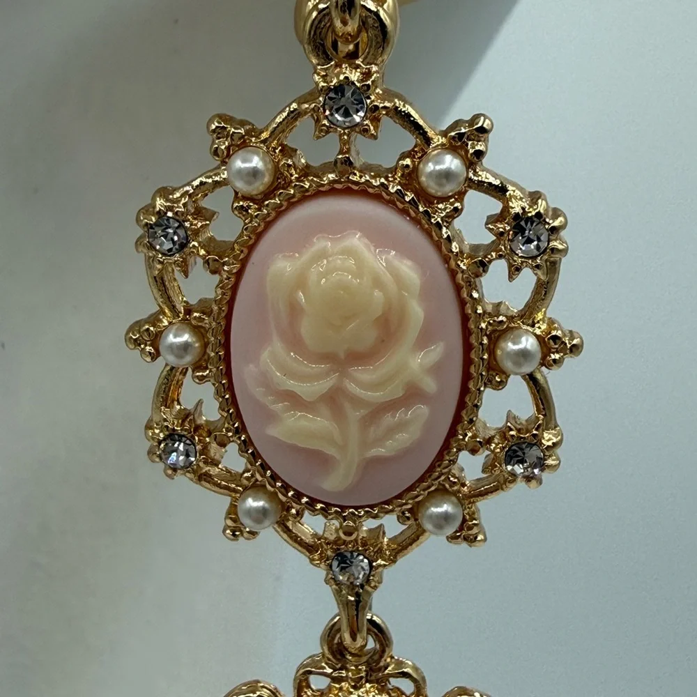 Marchesa Elegant Gold Cameo Rose Drop Earrings w/ Pearls & Crystals - Picture 15 of 16